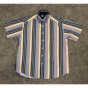 TOMMY HILFIGER Vintage Button Shirt Colorblock Stripes Logo Retro Y2k 90s MEDIUM